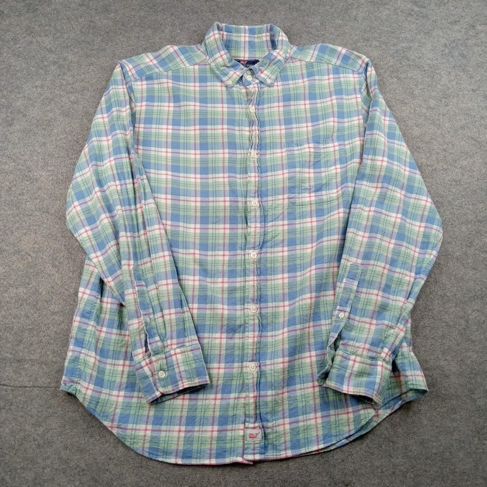 Vineyard Vines Shirt Mens Large Blue Green Plaid Classic Fit‎ Murray Linen Blend